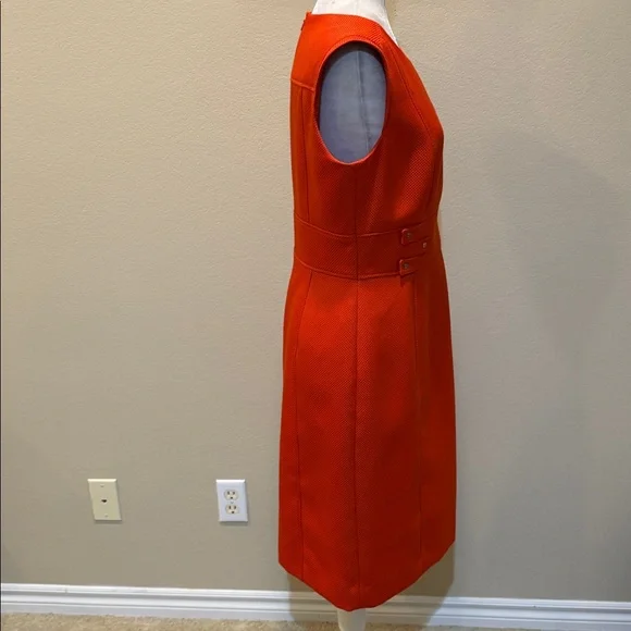 Structured Dark Orange Midi Sheath Dress with Gold Button Waist Detail-Size 8 - Picture 7 of 15